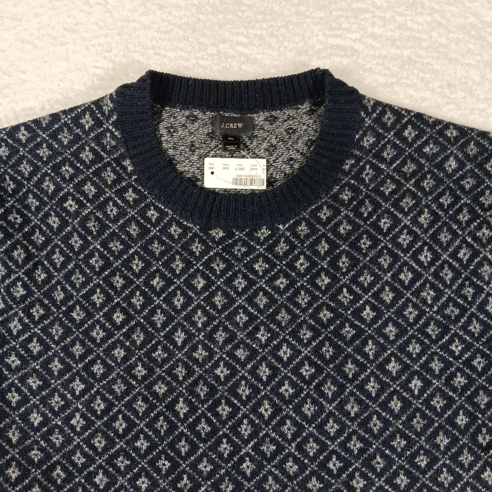 J Crew Sweater Mens XL Blue Lambswool In Nordic Grid Crew Neck Fisherman NWT